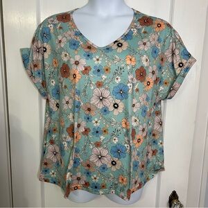 SHEIN 1XL Curve shirt sleeve Blue Floral Print V-Neck Women Top